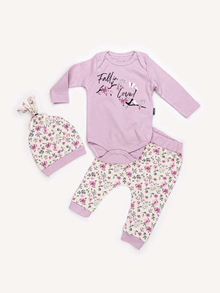 Ensemble 3 Pièces Fille – Body, Pantalon & Bonnet Motif Floral