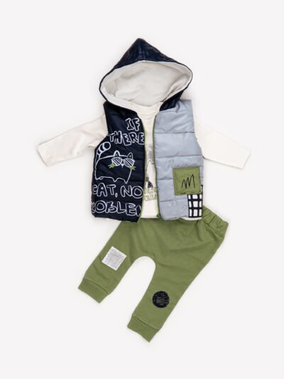 Ensemble 3 Pièces Garçon – Gilet Matelassé, T-shirt & Pantalon Style Chat