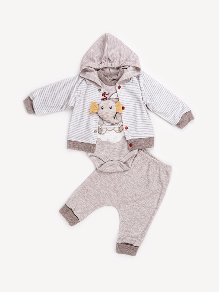 Ensemble 3 Pièces Garçon – Cardigan, Body & Pantalon Éléphant