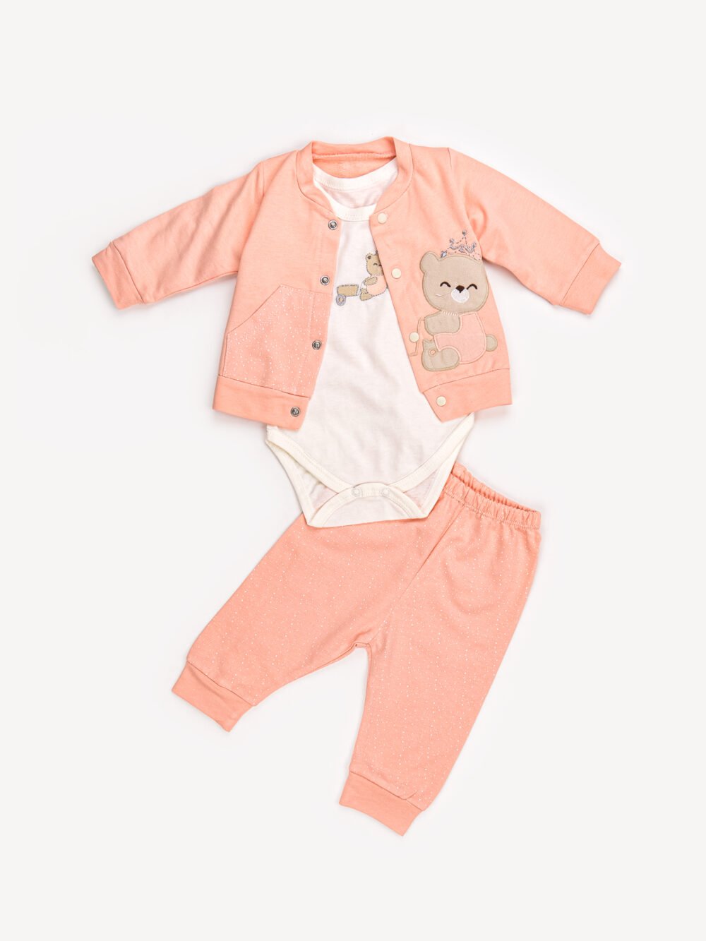 Ensemble 3 Pièces Fille – Veste, Body & Pantalon Ourson Couronné