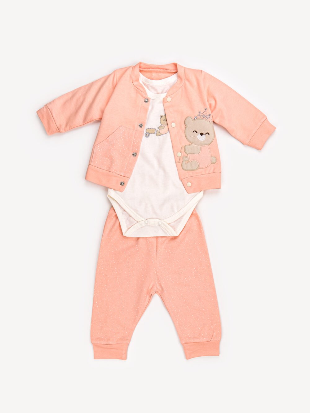 Ensemble 3 Pièces Vêtement bébé Fille - Veste, Body & Pantalon Ourson Couronné – Image 2