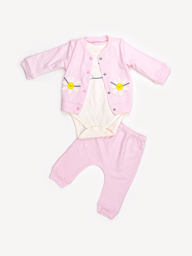 Ensemble 3 Pièces Fille – Veste, Body & Pantalon Fleurs