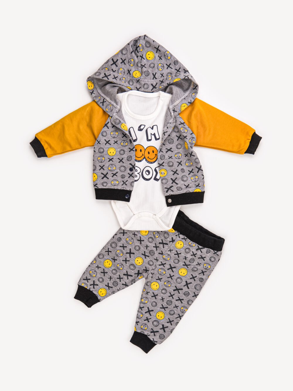 Ensemble 3 Pièces Garçon – Veste Grise Motifs Smiley, T-shirt & Body