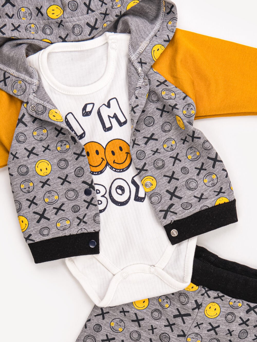 Ensemble 3 Pièces Vêtement bébé Garçon - Veste Grise Motifs Smiley, T-shirt & Body – Image 6