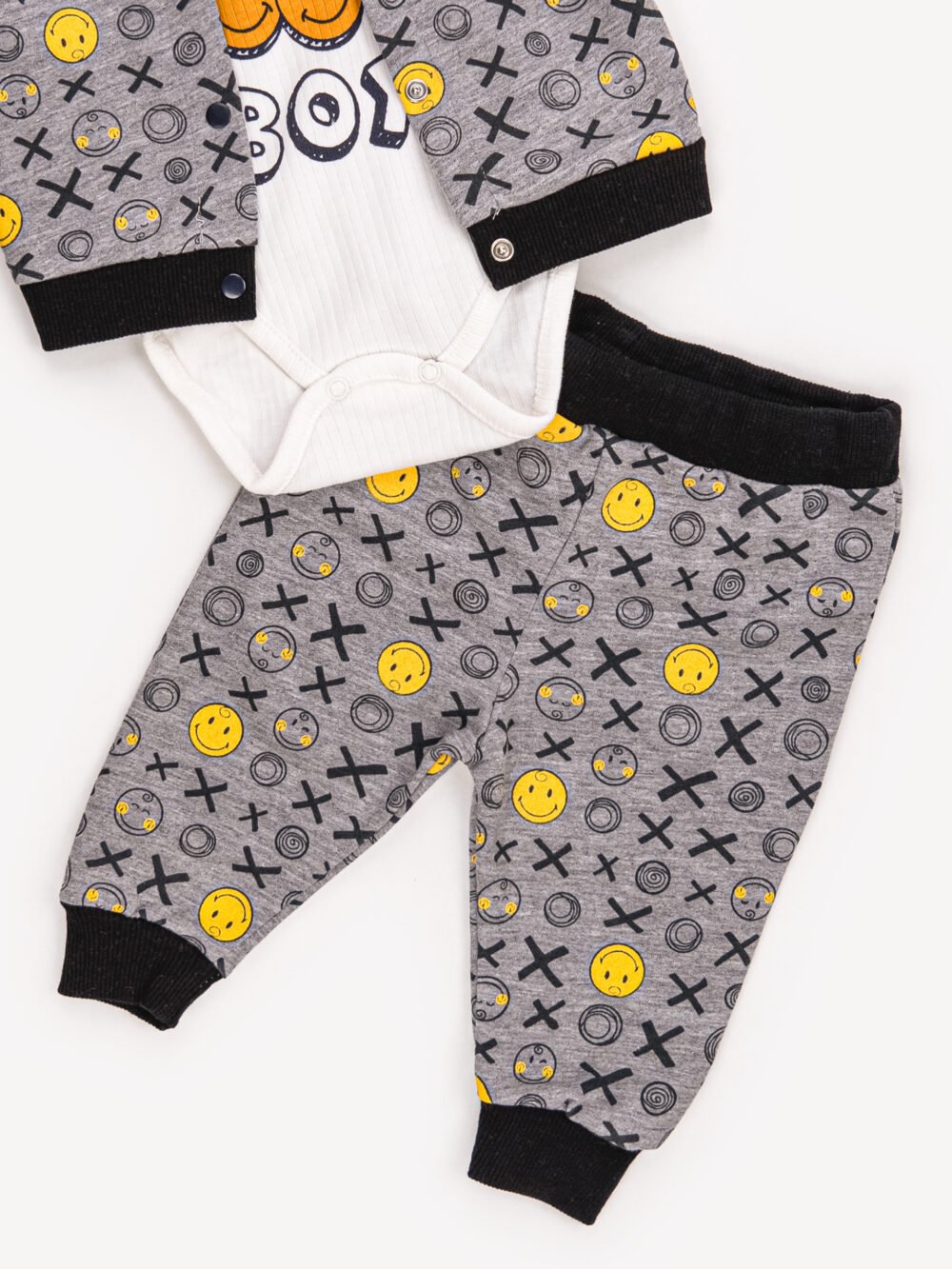 Ensemble 3 Pièces Vêtement bébé Garçon - Veste Grise Motifs Smiley, T-shirt & Body – Image 7
