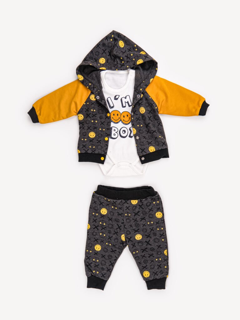 Ensemble 3 Pièces Garçon – Veste Noire Motifs Smiley, T-shirt & Body