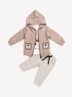 Ensemble 3 Pièces Garçon – Hoodie zippé, T-shirt et Pantalon avec Motif Ours