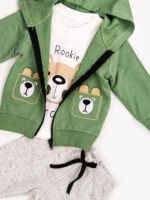 Ensemble 3 Pièces Vêtement Garçon - Hoodie zippé, T-shirt et Pantalon avec Motif Ours (Vert) – Image 3