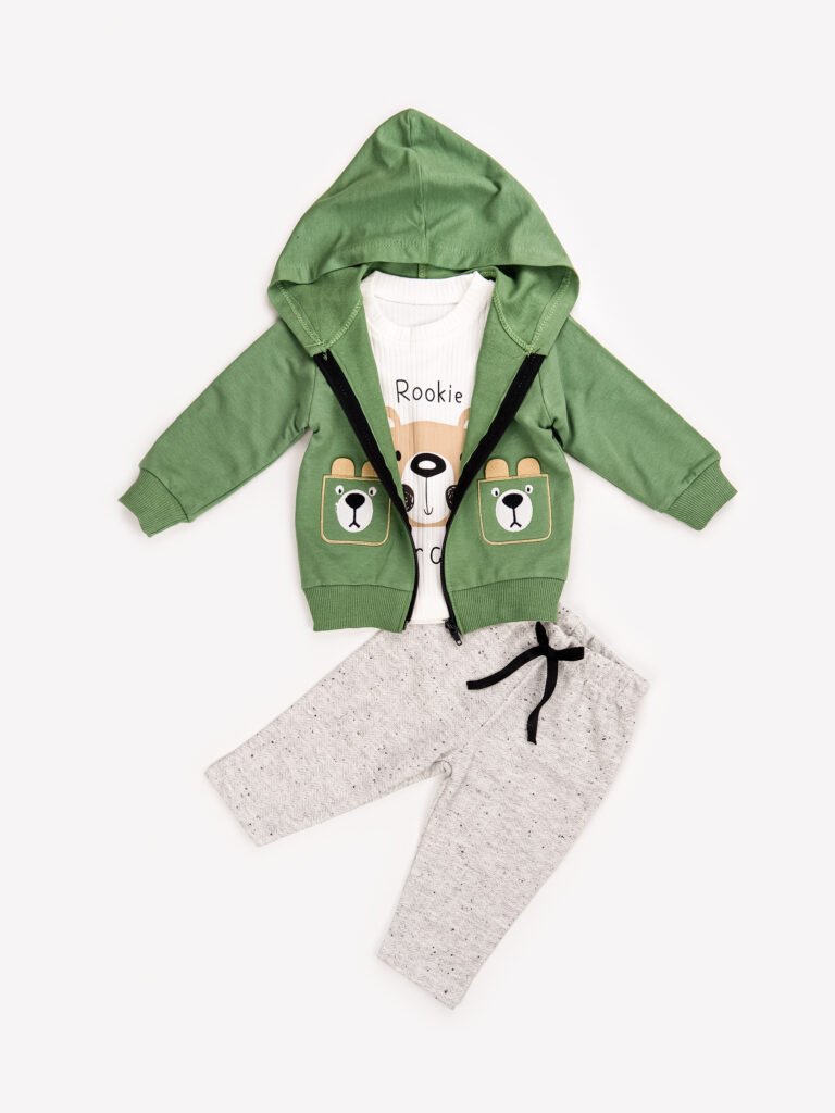 Ensemble 3 Pièces Garçon – Hoodie zippé, T-shirt et Pantalon avec Motif Ours