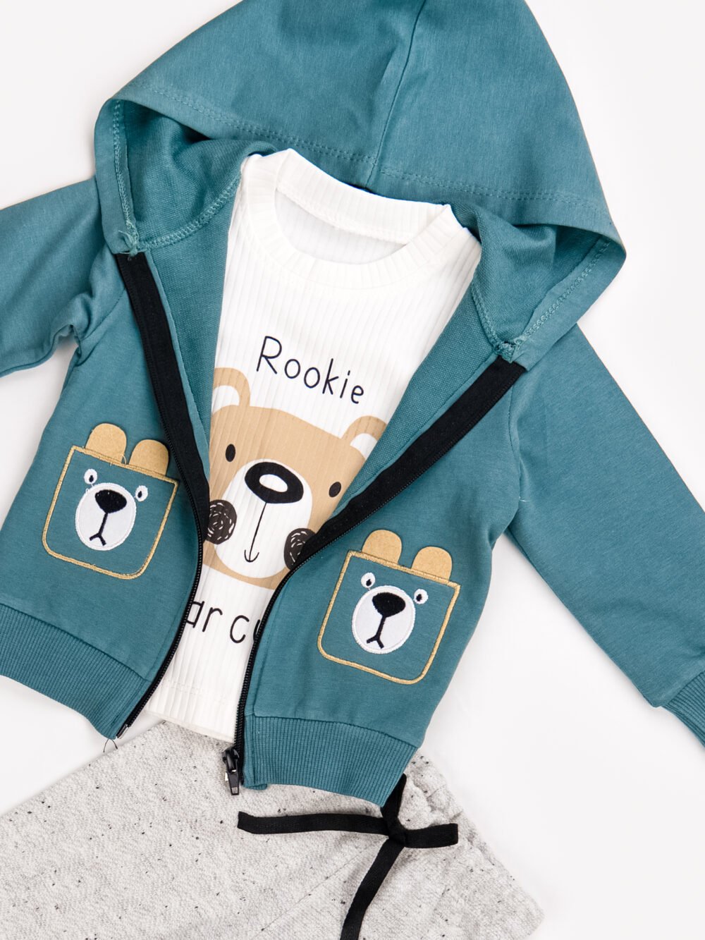Ensemble 3 Pièces Vêtement Garçon - Hoodie zippé, T-shirt et Pantalon avec Motif Ours – Image 2