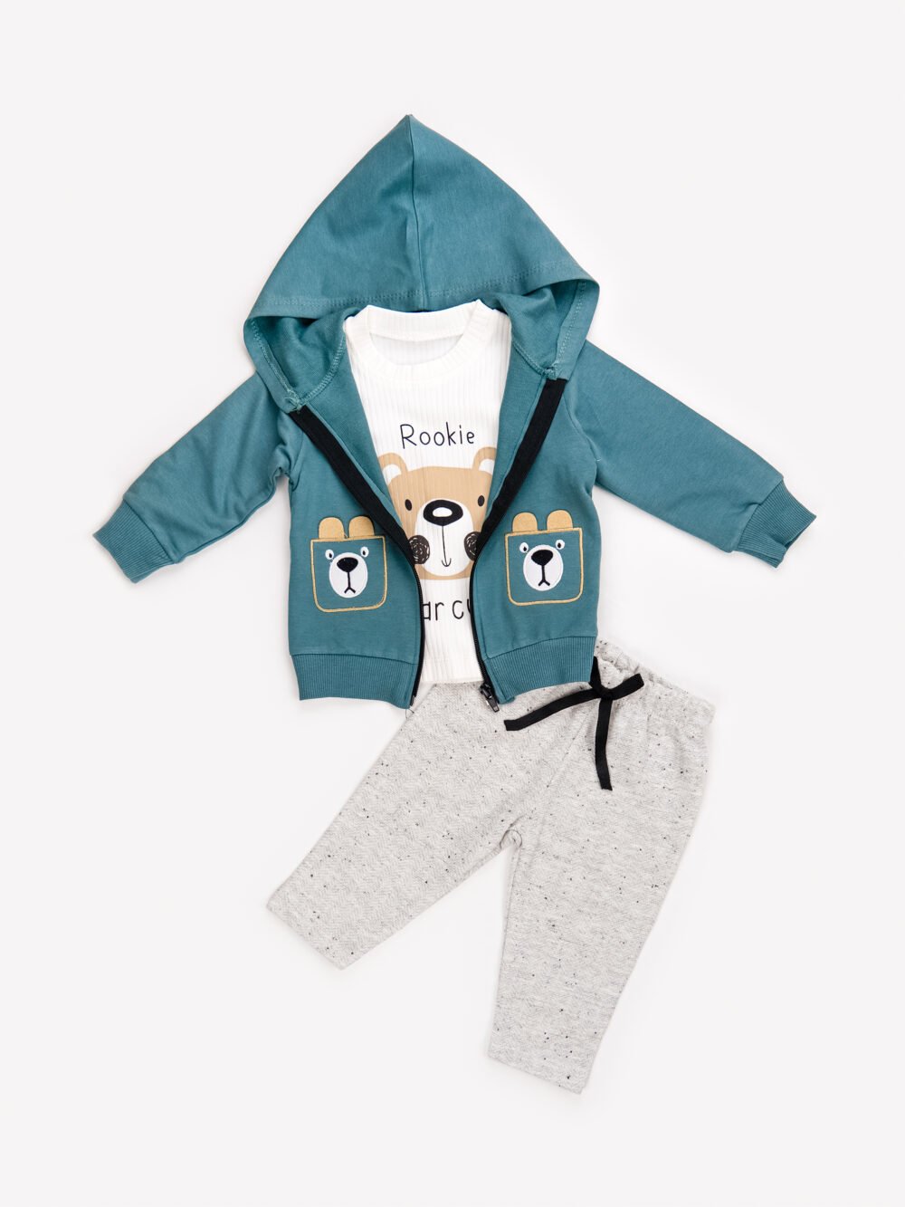 Ensemble 3 Pièces Garçon – Hoodie zippé, T-shirt et Pantalon avec Motif Ours