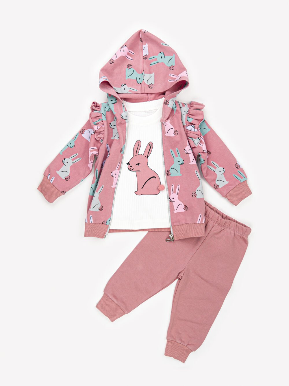 Ensemble 3 Pièces Fille – Veste, T-shirt & Pantalon Lapin