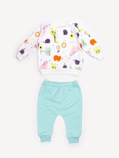 Ensemble Vêtement bébé Fille - Sweat Animaux & Pantalon Lavande/Turquoise