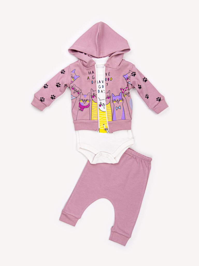 Ensemble 3 Pièces Fille – Veste, Body & Pantalon Chat Mignon