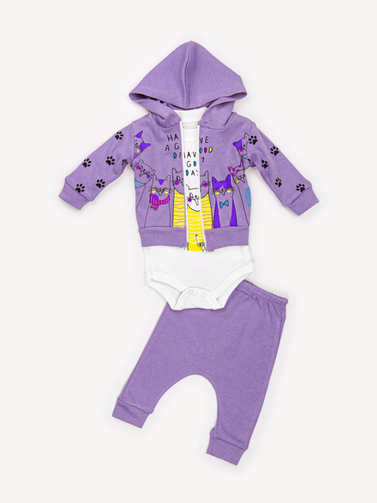 Ensemble 3 Pièces Fille – Veste, Body & Pantalon Chat Mignon