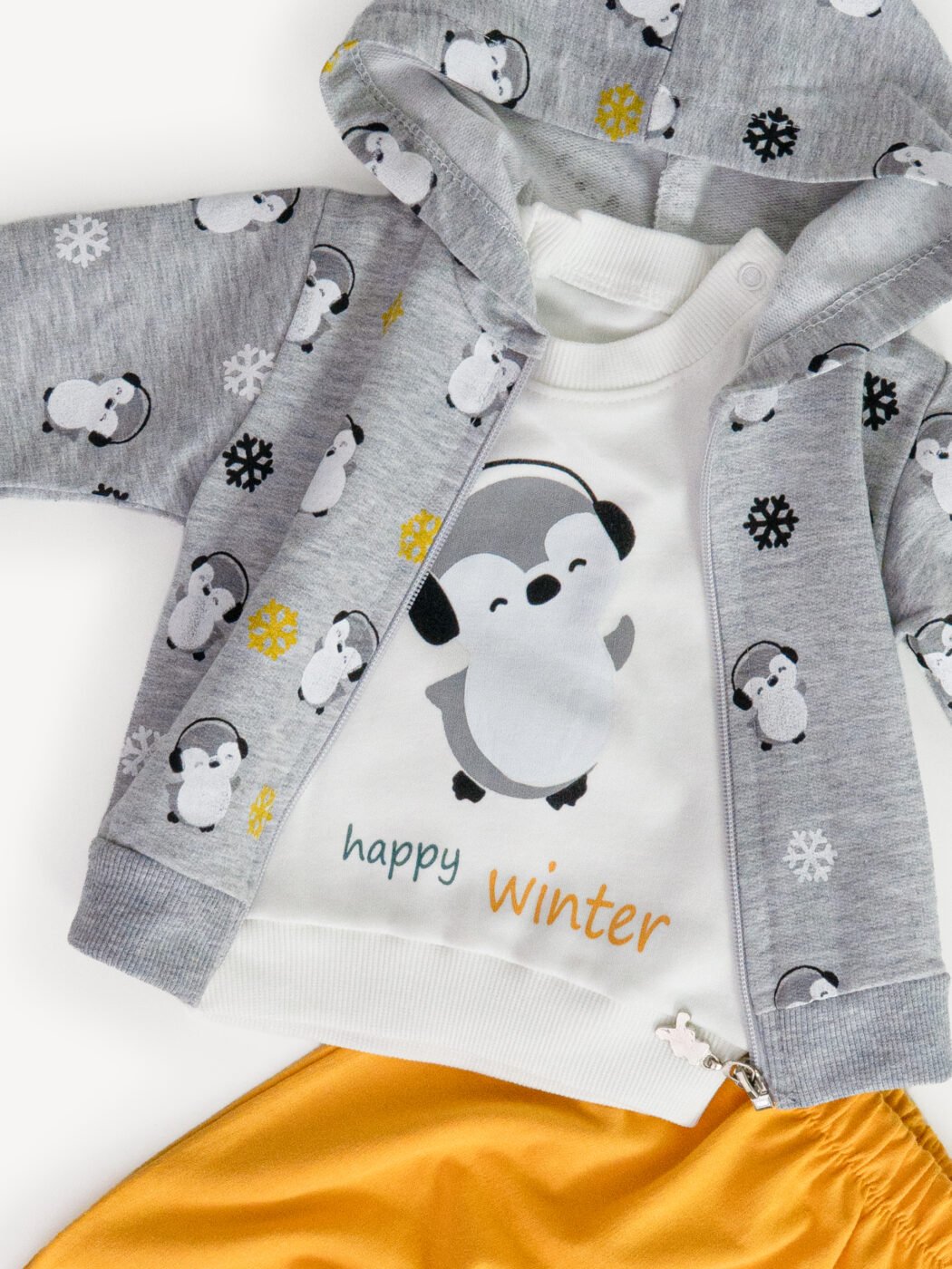 Ensemble 3 Pièces Vêtement Bébé Garçon - Veste Pingouins, T-shirt & Pantalon Jaune