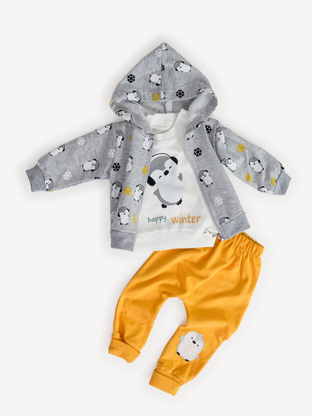 Ensemble 3 Pièces Vêtement Bébé Garçon - Veste Pingouins, T-shirt & Pantalon Jaune Ensemble 3 Pièces Vêtement Bébé Garçon - Veste Pingouins, T-shirt & Pantalon Jaune