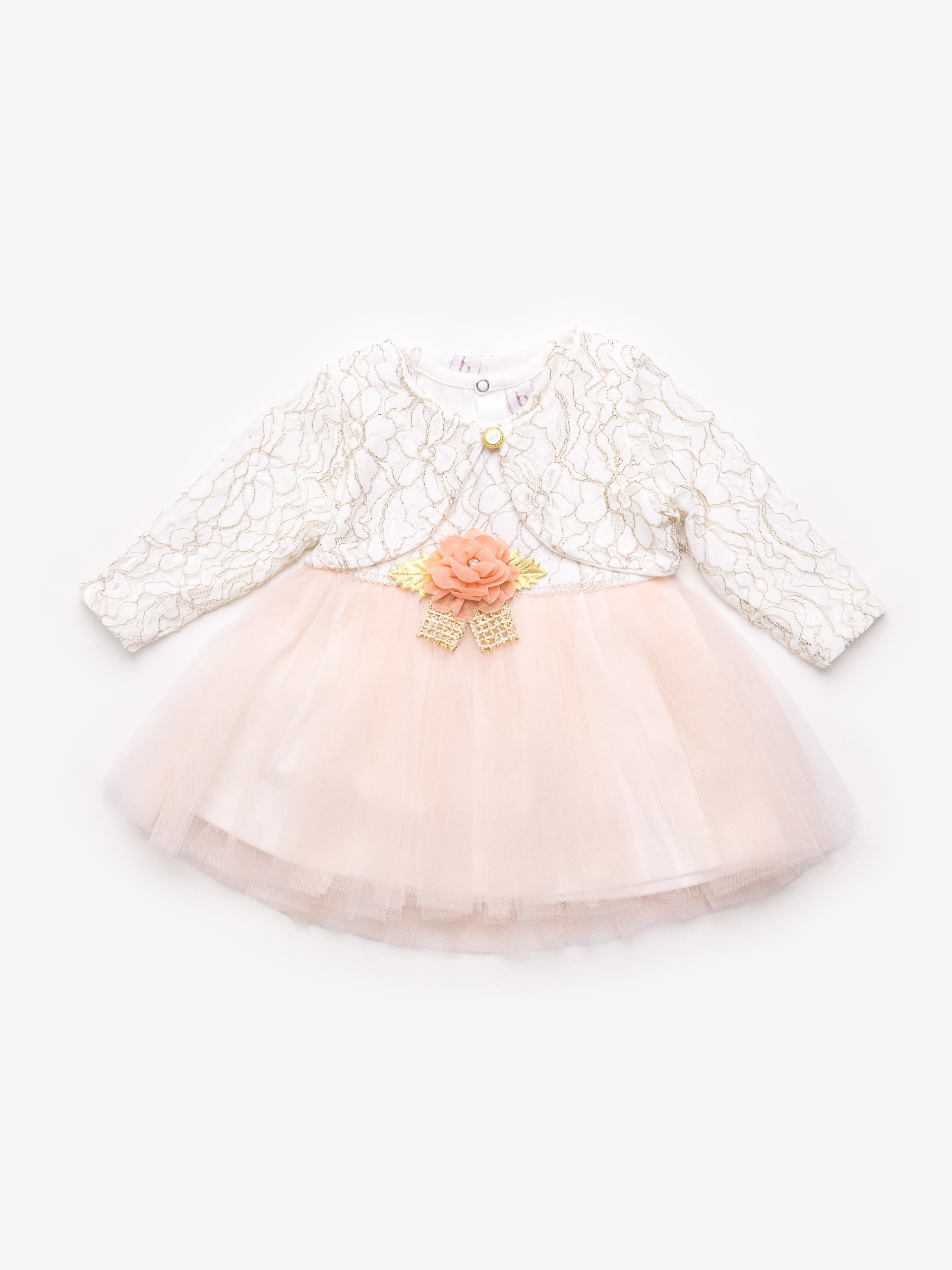 G-32 Peach IMGS_0002_Layer 1 Robe de Cérémonie Vêtement Bébé Fille - Dentelle Précieuse & Tulle (Pêche) – Image 1
