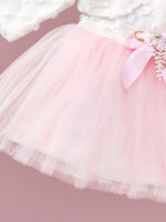 Robe de Cérémonie Vêtement Bébé Fille - Dentelle Brodée & Tulle avec Nœud Rose (Rose Clair) – Image 3