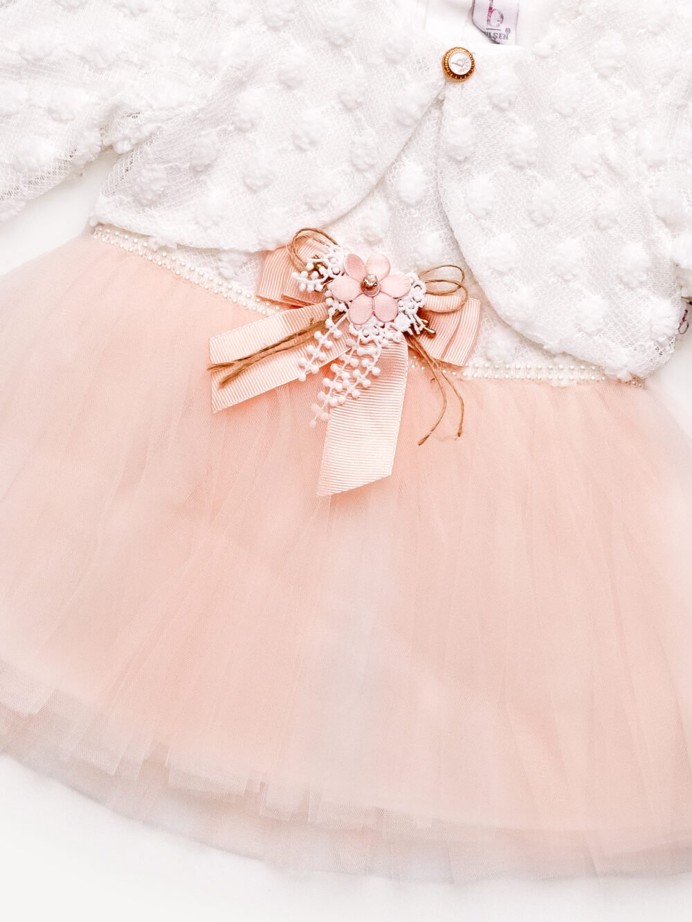 Robe de Cérémonie Vêtement Bébé Fille - Dentelle Brodée & Tulle avec Nœud Rose – Image 3