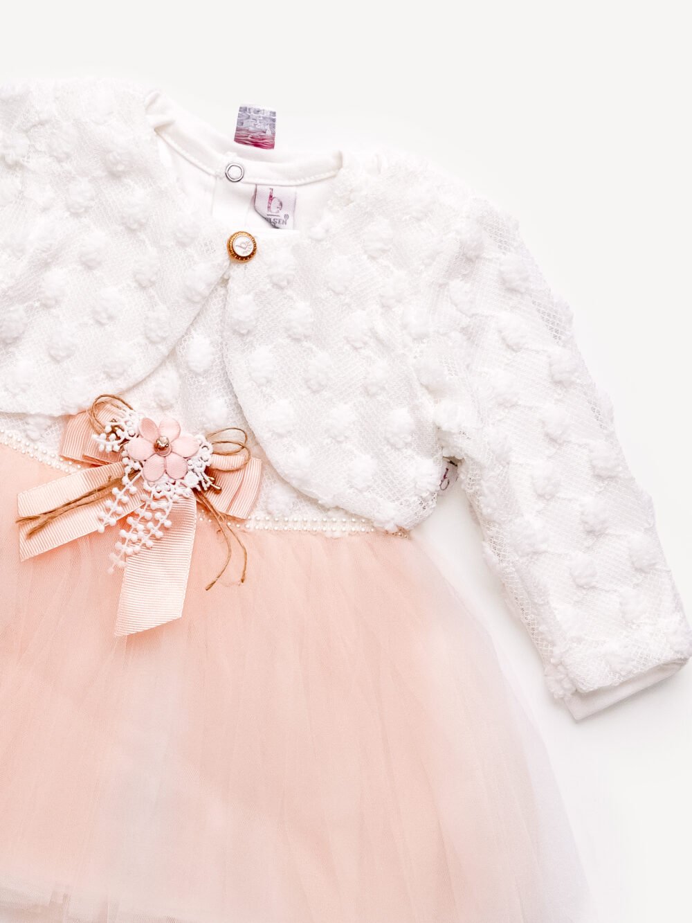 Robe de Cérémonie Vêtement Bébé Fille - Dentelle Brodée & Tulle avec Nœud Rose – Image 4