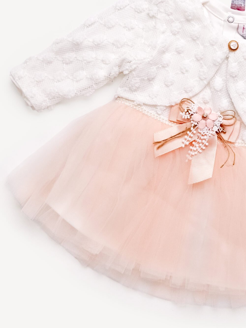 Robe de Cérémonie Vêtement Bébé Fille - Dentelle Brodée & Tulle avec Nœud Rose – Image 2