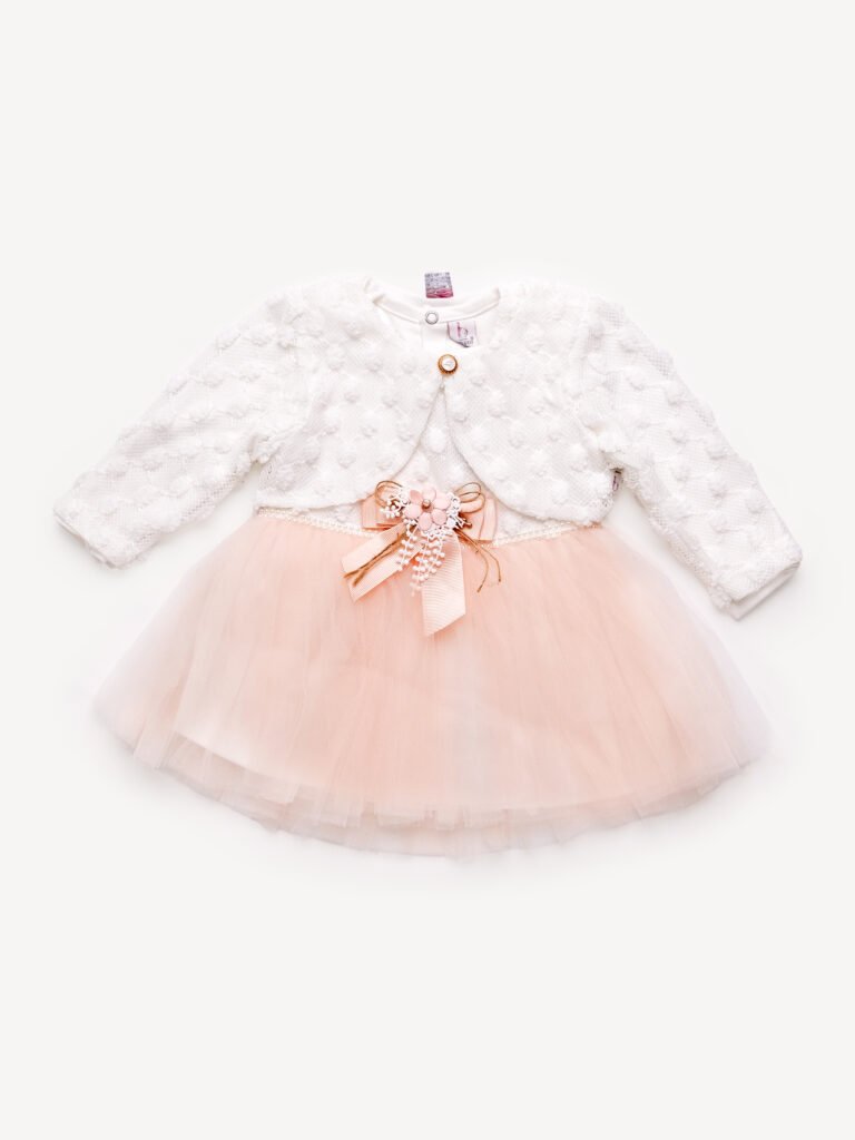 Robe de Cérémonie Vêtement Bébé Fille - Dentelle Brodée & Tulle avec Nœud Rose