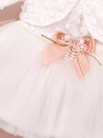 Robe de Cérémonie Vêtement Bébé Fille - Dentelle Brodée & Tulle avec Nœud Rose (Blanc) – Image 4