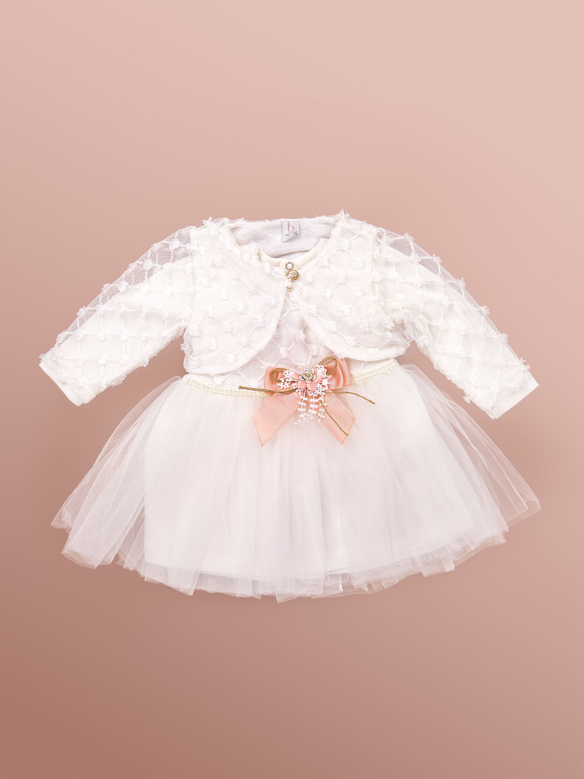 G-33 White IMGS_0004_G-33 White Edited Robe de Cérémonie Vêtement Bébé Fille - Dentelle Brodée & Tulle avec Nœud Rose (Blanc) – Image 1