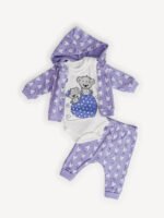 Ensemble Vêtement Bébé 3 Pièces – Veste à Capuche Motif Lapin, Body et Pantalon (Mauve)