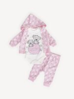 Ensemble Vêtement Bébé 3 Pièces – Veste à Capuche Motif Lapin, Body et Pantalon (Rose Clair)