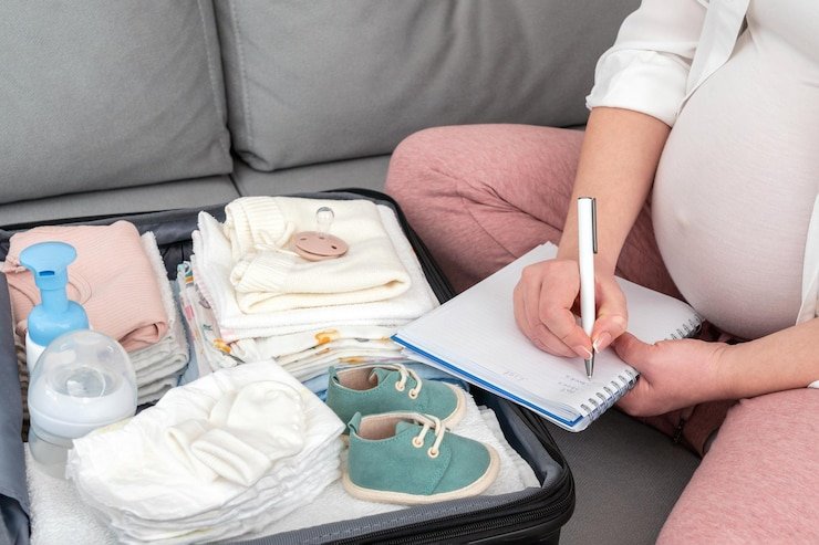 Vetement pour bébé garcon et fille au Maroc - Keeko Femme enceinte rédigeant une check-list de naissance à côté d’une valise de maternité remplie de vêtements et accessoires pour bébé.
